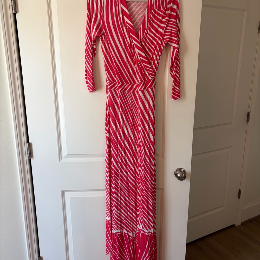Lilly Pulitzer Hot Pink and White Diagonal Stripe Wrap Maxi Dress